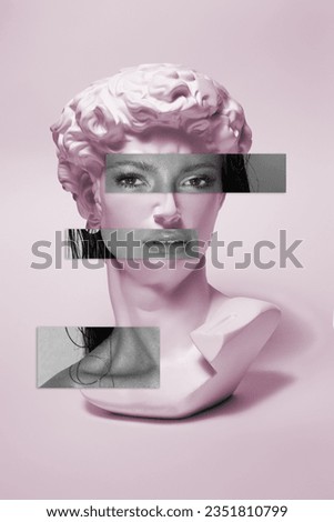 Replica of the head of an antique statue of David with a taped eyes and mouth with makeup. Woman lips and eyes with makeup on statue. Royalty-Free Stock Photo #2351810799
