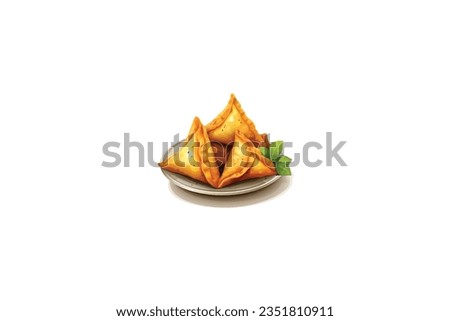 vector illustration of three samosa with mint leaves on white background Royalty-Free Stock Photo #2351810911