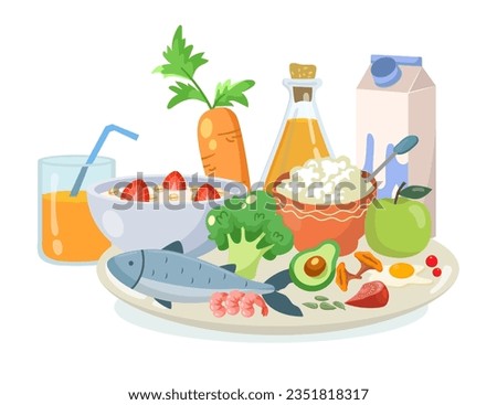 Healthy meal for breakfast or dinner vector illustration. Fruits, vegetables, fish, milk, juice, porridge and grains served on plate for balanced diet. Healthy eating, food, health care concept Royalty-Free Stock Photo #2351818317