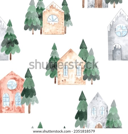 Hand painted seamless pattern with different cute houses with spruce fir christmas trees in snow.Winter decorated new year x-mas background.