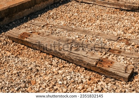 Old railway sleepers of the Spanish conventional railway, Puertollano, Ciudad Real Royalty-Free Stock Photo #2351832145