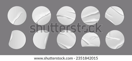 Set of white glued round adhesive paper sticker label with curled corner and wrinkle effect in realistic 3d style. Plastic tape or sticky note mockup for stationery business. Torn paper clip art.
