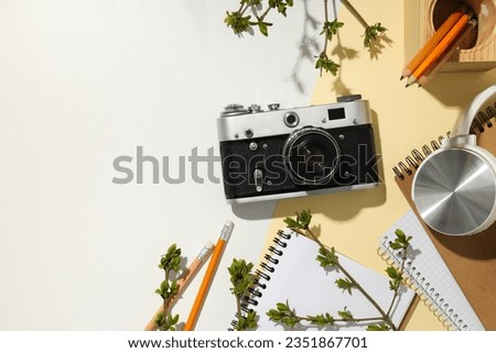 Vintage camera, tree branches and notepads on light background, space for text