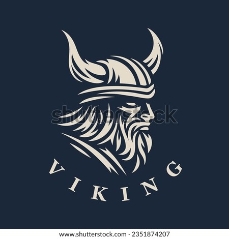 Nordic viking logo. Norse warrior icon. Horned barbarian helmet symbol. Norseman Odin emblem. Vector illustration. Royalty-Free Stock Photo #2351874207