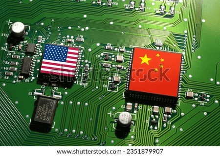 Flag of the Republic of China and the United States on microchips of a printed electronic board. Concept for world supremacy in microchip and semiconductor manufacturing. Royalty-Free Stock Photo #2351879907