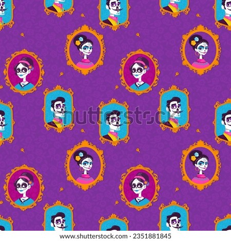 Seamless pattern for day of the dead with portraits of dead girls and man hanging on style. Seamless vector in purple, pink and blue shades for Mexican holiday in cartoon style