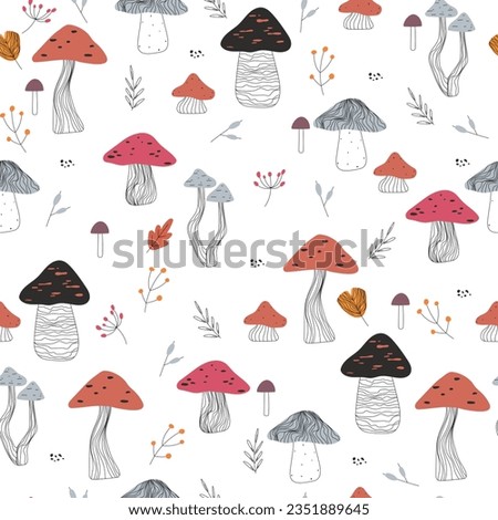 Seamless pattern with mushrooms , leaves, berries, autumn set on white background. Vector illustration.