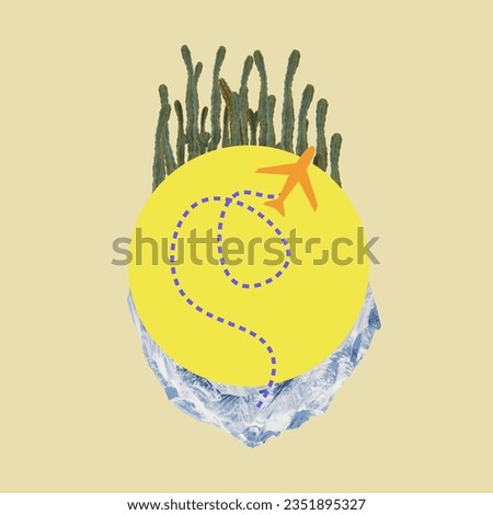 Travel around the world. Modern conceptual art collage. Big yellow circle over light background symbolysing Earth with cactus on one side and snowy mountains on another
