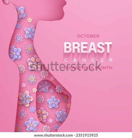 Breast cancer awareness background with abstract woman silhouette in paper layered style with abstract flowers