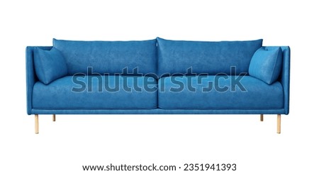 Modern comfy blue color fabric sofa on white background. front view. Royalty-Free Stock Photo #2351941393