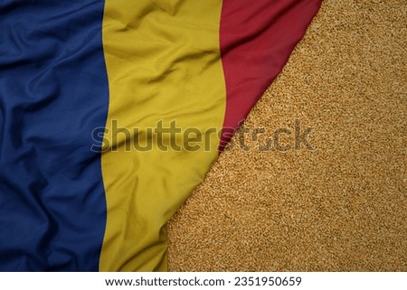 wheat grain on the waving colorful big national flag of romania .macro shot.