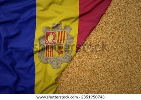 wheat grain on the waving colorful big national flag of andorra .macro shot.