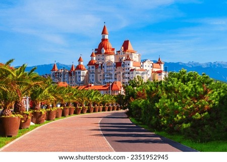 Bogatyr castle - hotel and congress center complex in Sochi Theme Park in Sochi resort city in Russia Royalty-Free Stock Photo #2351952945