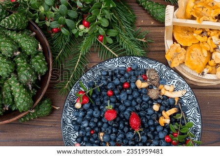 Collected edible orange chanterelle mushrooms on a wooden plate with cranberries, blueberries and strawberries. Wooden plate with mushrooms, green spruce branches and fir cones