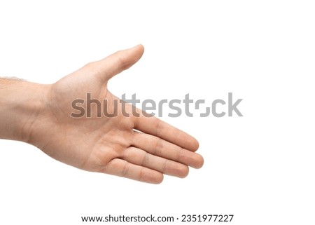 Male hand in position for handshake isolated on white background, male hand offering handshake