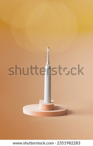 Abstract electric toothbrush on the podiums on beige background with bokeh, product presentation, medical clinica and advertasing cocnept. Copy space