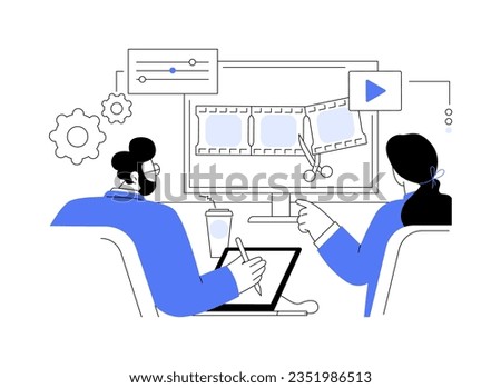 Video editing software abstract concept vector illustration. Group of people make video post-production using professional editing software, IT technology, filmmaking process abstract metaphor. Royalty-Free Stock Photo #2351986513