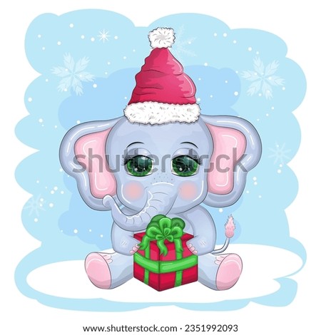Cute cartoon elephant, childish character with beautiful eyes wearing santa hat, scarf, holding gift, christmas ball or candy cane. The concept of the holiday of Christmas and New Year