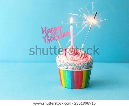 Happy Birthday Cupcake with pink frosting One Candle and Sparkler with Happy Birthday Sign 