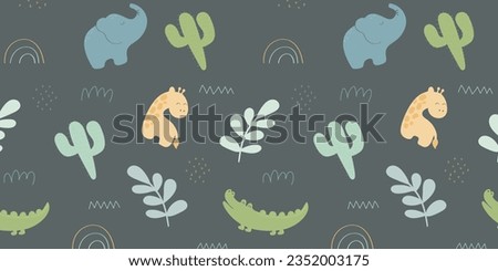 Safari animals seamless pattern with cute crocodile, elephant and giraffe. Vector texture in childish minimalistic style great for fabric and textile, wallpapers, backgrounds, cards design