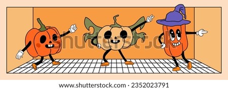 Set of groovy cartoon style pumpkin characters that dancing. Happy Halloween illustration. Pumpkin on the dance floor. Retro style Jack O`Lantern. Anthropomorphic pumpkin character with arms, legs Royalty-Free Stock Photo #2352023791