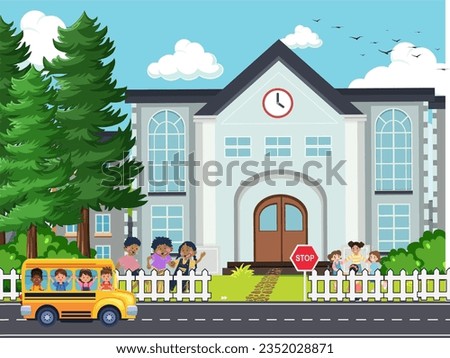 Children are playing in the school grounds in a beautiful environment and are traveling by school bus background