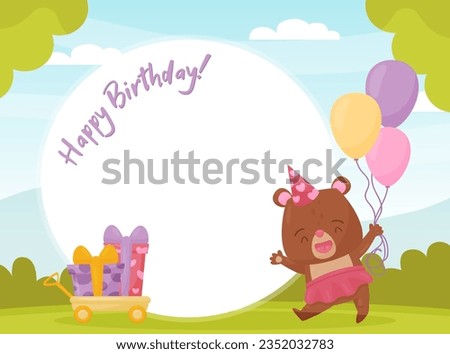 Happy Birthday Card with Cute Bear Animal Vector Template