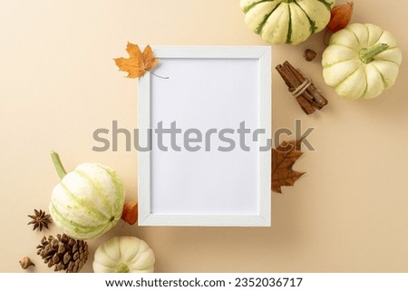 Immerse yourself in essence of autumn harvesting. Top-down arrangement of ripe pumpkins and seasonal elements on an isolated calming beige backdrop, catering to text or promotional needs