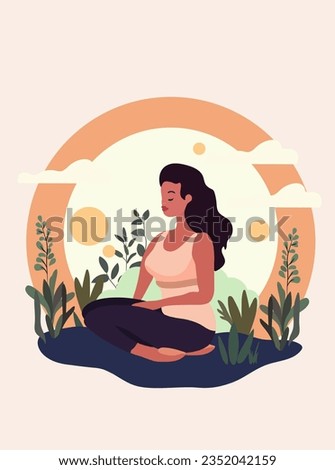 Female in tranquil meditation amidst nature and foliage.Concept for yoga, stress relief, mindfulness, relaxation, recreational wellness, and health. Vector illustration. Royalty-Free Stock Photo #2352042159