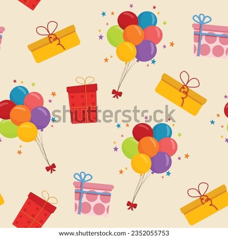 Birthday, party seamless vector pattern. Different gift boxes and bunch of colourful balloons, confetti. Beige background