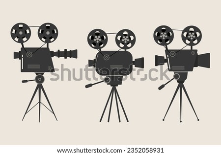 Hand drawn sketch of an old cinema projectors in monochrome, isolated on white background. Set of old movie cinema projectors on a tripod. Template for banner, flyer or poster. Vector illustration.
