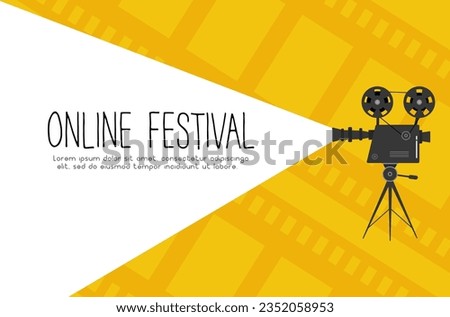 Cinema projector on a tripod. Hand drawn sketch of an old cinema projector in monochrome isolated on color background. Template banner, flyer or poster for text. Vector illustration, EPS 10.