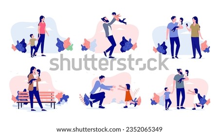 Happy family activities vector collection - Set of illustrations with parents, mother and father playing with child outdoors and spending time together. Flat design with white background