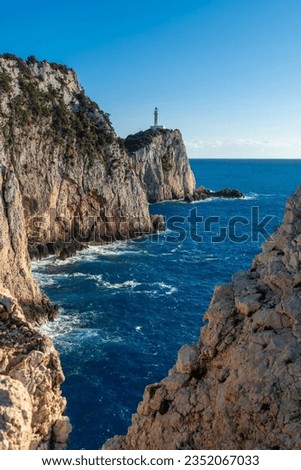 Lighthouse or Cape Ducato Lefkas in the southern area of the Greek island of Lefkada. Greece.