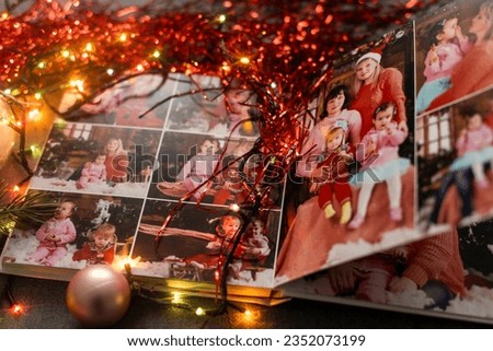 Photos of family against Christmas lights decor background