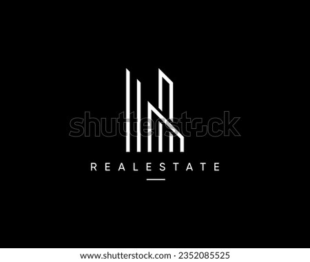 Real estate, building, apartment, architecture, planning, structure, construction, cityscape and city skyline logo design composition.