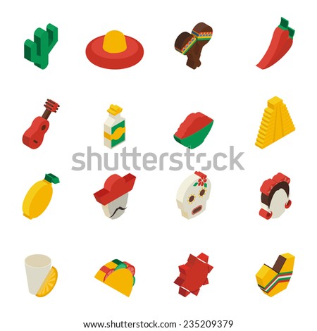 Mexican icons isometric set with  cactus lemon mask taco isolated vector illustration