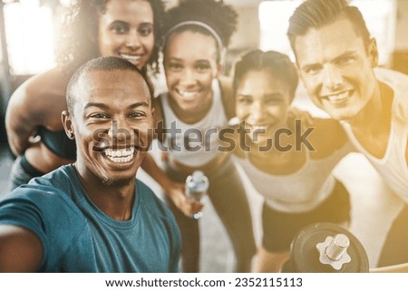 Portrait, happy gym selfie and friends training for power, workout and healthy exercise together. Face of diversity fitness group, men and women with smile for photograph, pride and sports community