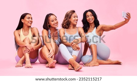 Selfie, group or women with fitness, relax or social media with health on a pink studio background. Post, girls or friends with profile picture, sports or pilates training with wellness or diversity
