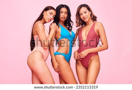 Bikini portrait, group and women in studio isolated on a pink background mockup space. Swimwear, together and friends with body positivity, inclusion and diversity in summer fashion at beach vacation
