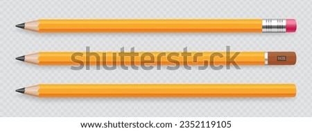 Realistic pencil collection with shadow. Set of yellow pencils sharpened with a rubber band and without. Vector illustration Royalty-Free Stock Photo #2352119105