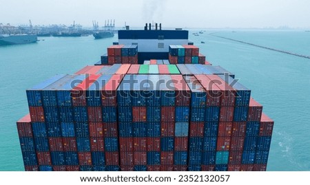 Stern of large cargo container ship import export container box on the ocean sea on blue sky back ground concept transportation logistic and service to customer and supply chang