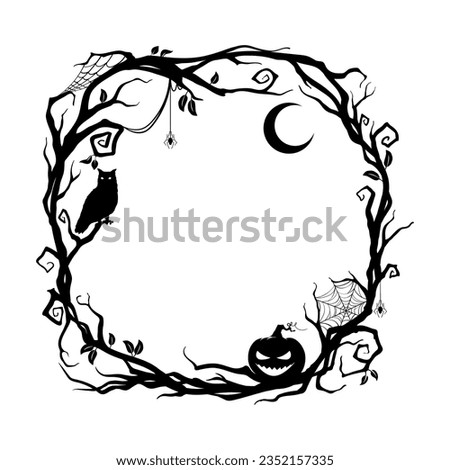 Halloween holiday black frame with silhouettes of the owl sitting on tree branch, crescent, jack-o-lantern pumpkin, spider and cobwebs. Isolated vector decorative border or vignette with spooky decor