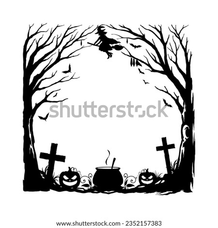Halloween holiday black frame with cemetery, pumpkins, cauldron, witch flying on broomstick, bats and creepy trees silhouettes. Vector square border with Hallowmas holiday decor and spooky characters