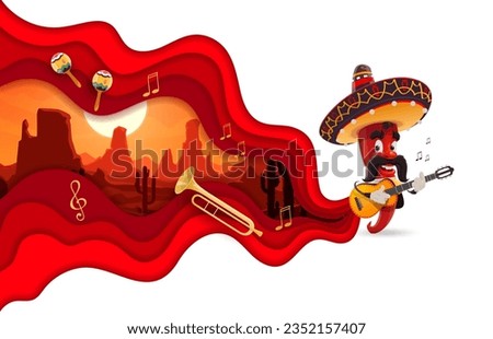 Paper cut banner with Mexican mariachi pepper and desert landscape, vector background, vector background. Mexican holiday and fiesta party banner with chili pepper in sombrero with guitar and maracas