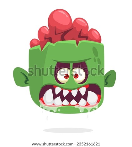 Cartoon funny green zombie character design with scary face expression. Halloween  illustration on white.Party poster or invitation card