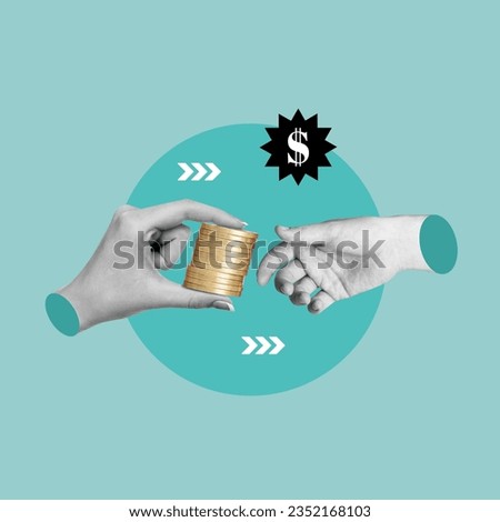 bank loan, business concept, paying debt, use of resources, hand giving money, monthly payments, paying with cash, paying off debts, concept, collage art, photo collage Royalty-Free Stock Photo #2352168103