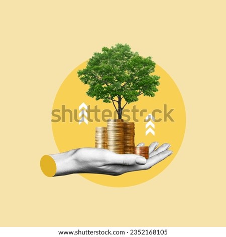saving money for the future, investment ideas, company growth, renewable, environmental development, investment in the environment, hand with coins and growing tree, returns in the future, concept