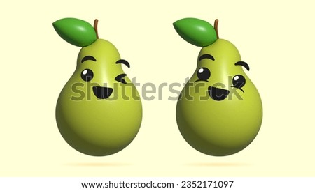 3D Realistic Digital Illustration of Pear fruit cartoon character. Concept art of a happy Pear smiley face icon. Healthy food emoji of Pear fruit. Fresh ripe Pear fruit.