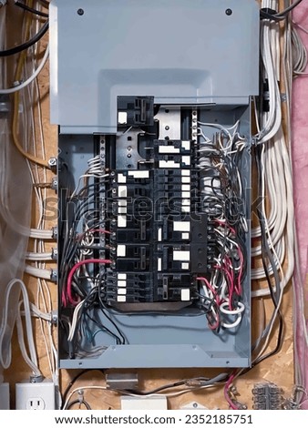 A house electric box or fuse box that controls the incoming electricity and distributes it to the smaller circuits within the house. Distribute incoming power Royalty-Free Stock Photo #2352185751
